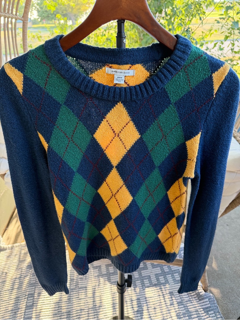 American Eagle Outfitters Navy Argyle Crewneck Sweater - Yellow & Green Size SP
